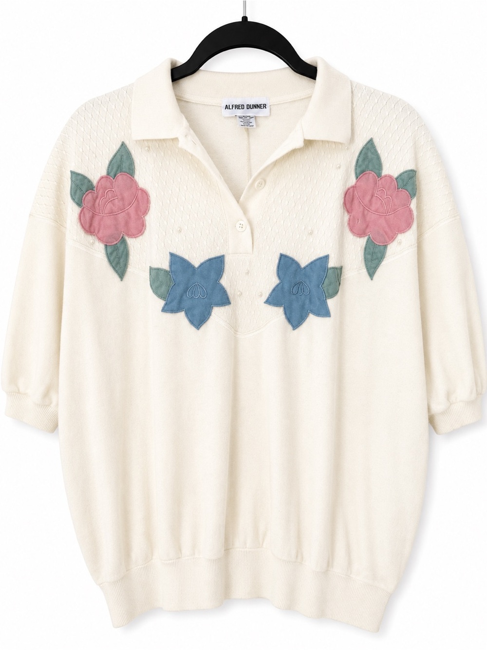 Vintage Alfred Dunner Floral Appliqué Polo Sweatshirt White Short Sleeve Size 40